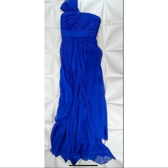 Carmen Marc Valvo Sz 4 Blue Long Formal Dress Gown Strapless One Shoulder Ruched - Picture 1 of 11